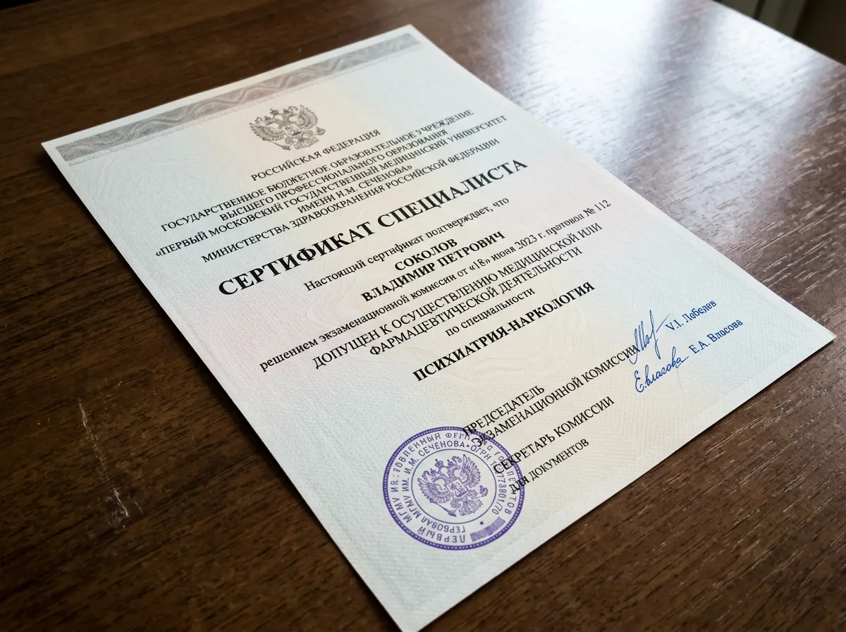Сертификат специалиста психиатра-нарколога с гербовой печатью и подписью, официальный бланк медицинского вуза